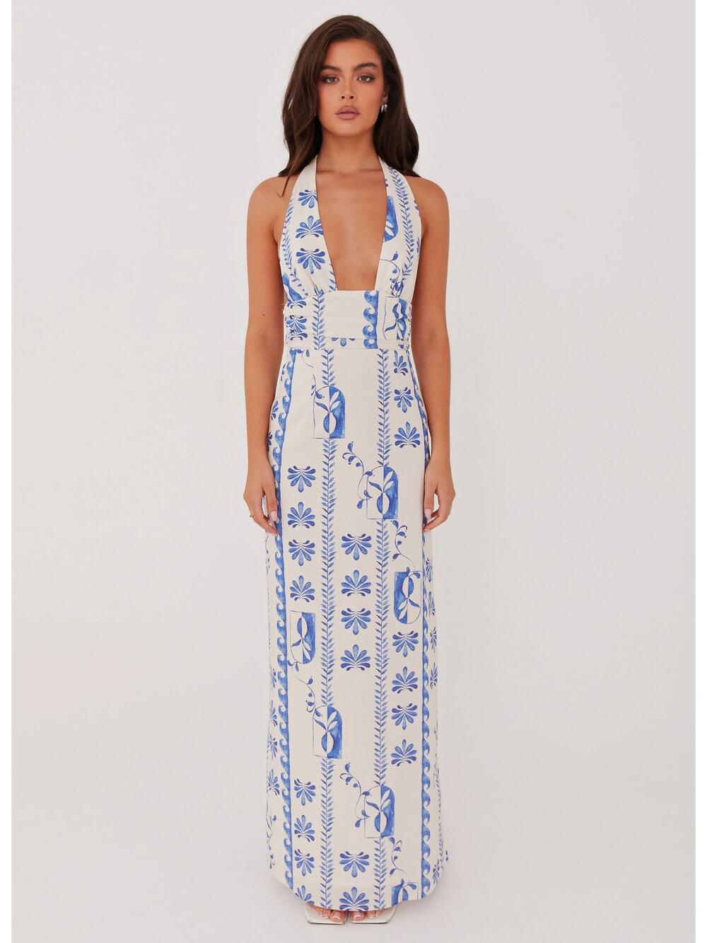 NWT Peppermayo Sky Linen Maxi Dress White Blue Floral Women's Sz 14 Halter Lined
